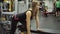 Woman in gym lifting dumbbell at bench.