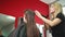 Woman hairdresser combing out customer hair and pricking it.
