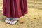 Woman in hakama kimono with geta shoes on the grass in autumn.