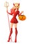 woman in Halloween devil costume with jack-o -lantern pumpkin basket. Isolated vector illustration.