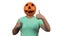 Woman in a Halloween mask on a white background. orange pumpkin evil mask. Jack lantern mask from a basketball