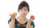 Woman with hamburger and apple