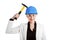 Woman with hammer and hardhat isolated on white