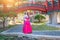 Woman with Hanbok in Gyeongbokgung,the traditional Korean dress.