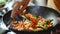 Woman hand closeup cooking stir fried vegetables. Ai Generative