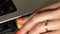 Woman hand connect internet lan cable from laptop computer. Closeup