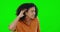 Woman, hand and ear for listening by green screen with confused face, thinking and attention by background. Girl, model