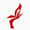 Woman hand, elegant stiletto shoe. Fashion, accessories logo. Red color.