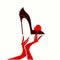 Woman hand, elegant stiletto shoe. Fashion logo. Red color decorative flower.