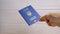 Woman Hand Holding a Blue Biometric Passport of Ukraine on White Background