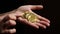 Woman hand holding cryptocurrency golden bitcoin coin on dark background. Electronic virtual money for web banking and