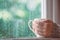 Woman hand holding the cup of coffee or tea on rainy day window