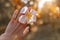 Woman hand holding frangipani flower at sunset close up