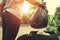 woman hand holding garbage bag for recycle