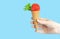 A woman hand holding an ice cream cone with watermelon and mint