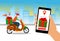 Woman hand holding mobile phone and Tracking  online, Delivery boy withgift box on motor bike. Contactless delivery. Stay at home