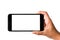 Woman hand holding mockup smartphone horizontal blank white screen