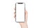 Woman hand holding modern smatphone mockup on white