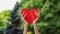 Woman hand holding red heart with love in park