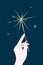 Woman hand holding sparkler, minimalist vector festive holidays illustration poster, greeting card design at blue