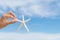 Woman hand holding starfish over sea and blue sky