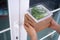 A woman hand holds a lunch box after calling an online order through an app with a home delivery service. Young woman carrying tak