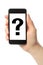 Woman hand holds smart phone with question mark