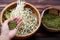 Woman hand with homemade bean sprouts, germinate of green beans