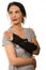 Woman with hand orthosis looking away