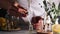 Woman hand pouring eucalyptus essential oil into bottle on grey table