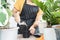 Woman hand putting soil in a pot preparing to plant , female planting plants, flower indoors , hobby and leisure concept