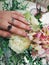 Woman hand silver metallic manicure gel nail polish swatch beauty fashion flower romantic photo