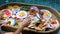 Woman hand take bun of bread basket, breakfast or lunch floating tray in pool