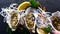 Woman Hand Takes Oyster off Table in Restaurant. Oysters on Black Background