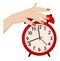 Woman hand turns off the alarm. Fatigue and insomnia. Time to wake up concept. Cartoon vector