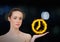 woman with hand up with clock fire icon over. Dark bokeh background.