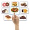 Woman hand uses touch screen interface with food