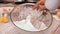 Woman hand whip thick foam of egg whites with mixer