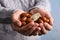 Woman with handful of fresh Ziziphus jujuba fruits on light background, closeup