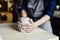 Woman hands close-up, forming crude clay in a potter`s workshop studio. Craft-work.