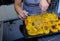 Woman hands cooking yellow pepper