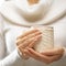 Woman hands with elegant french manicure nails design holding a cozy knitted mug. Winter and Christmas time concept.