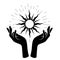 Woman hands hold black sun, occultism and mysticism, spells and witchcraft, star