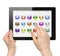 Woman hands hold and touch icon on tablet PC