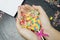 Woman hands holding assorted colorful candies