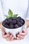 Woman hands holding blackberries in a small bucket