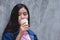 Woman hands holding coffee mug or cup.young happy female drink