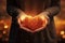 woman hands holding gift in shape of heart, love concept and Valentines Day celebration moments