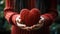 Woman hands holding red knitted heart, symbolizing love, warmth, care. perfect image for themes of Valentine\\\'s