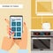 Woman Hands holding smartphone with Smart home app on screen. internet of things for kitchen. Cooking pot on stove